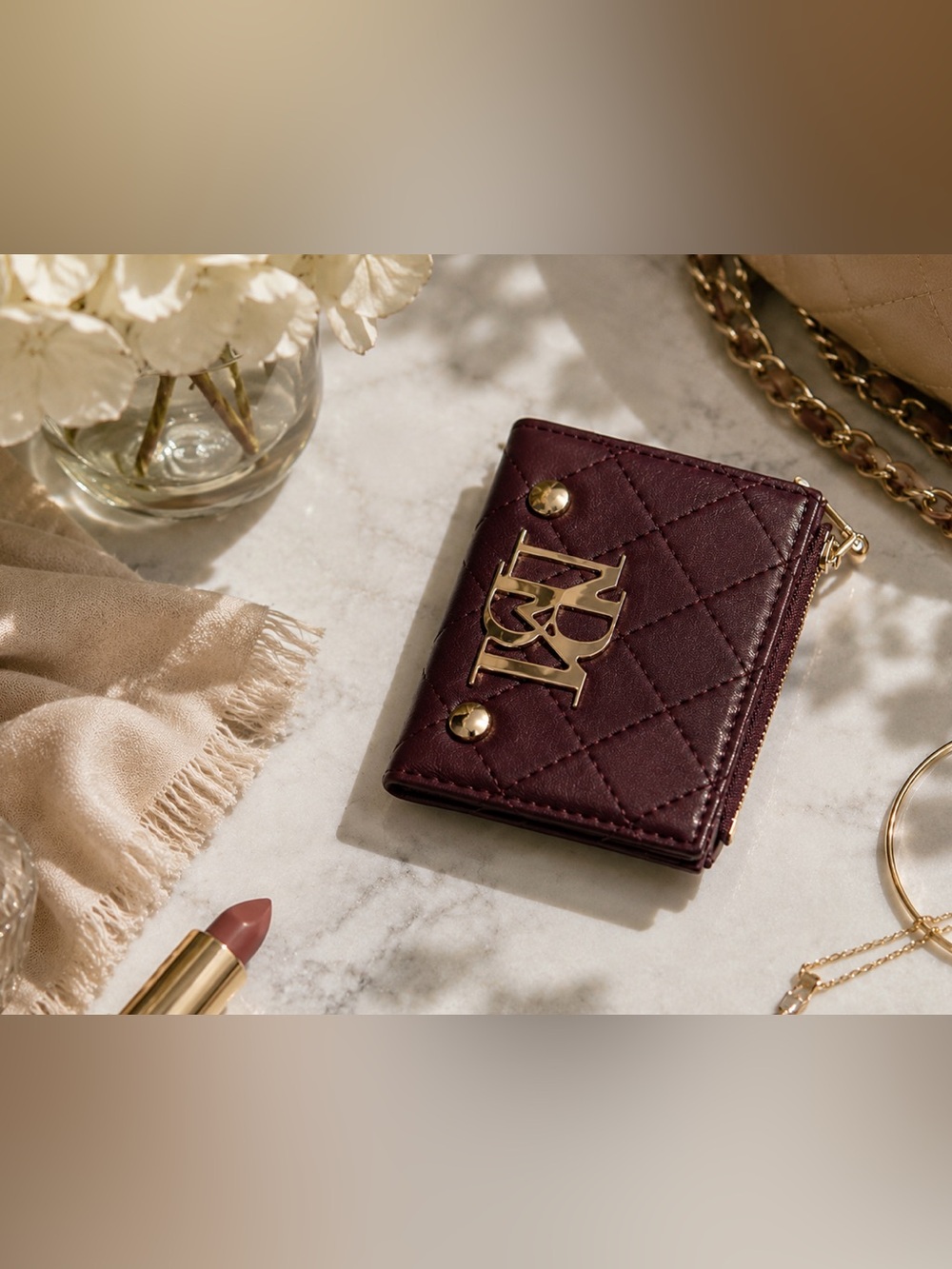Badgley Mischka Quilted Card & Key Holder in Burgundy with Gold Hardware